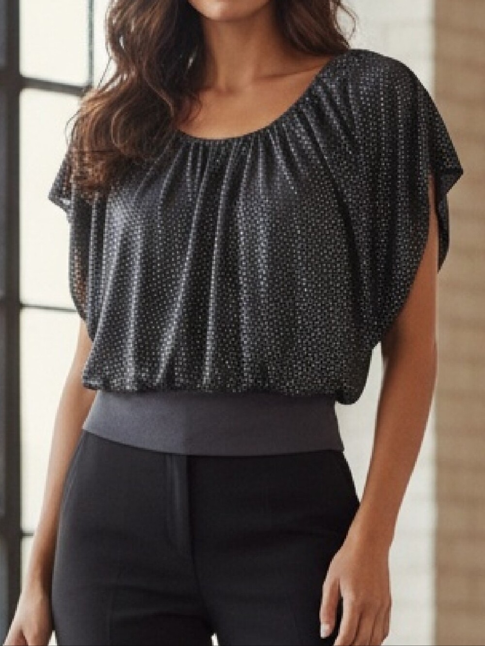 Vintage Tattoo Charcoal Grey Confetti Seqin Dot Peasant/Blouson Top. Size Medium